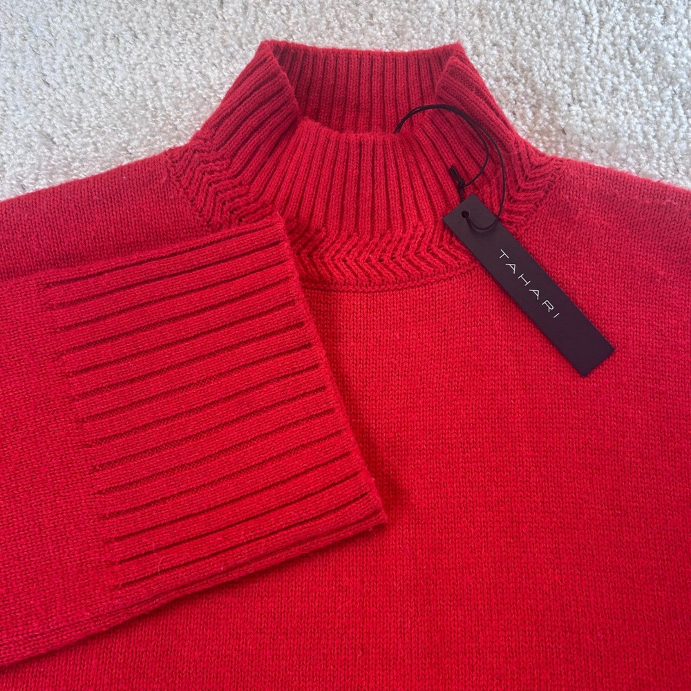 Tahari Womens Red Mock Neck Chevron Detail Knit Sweater XS New With Tags